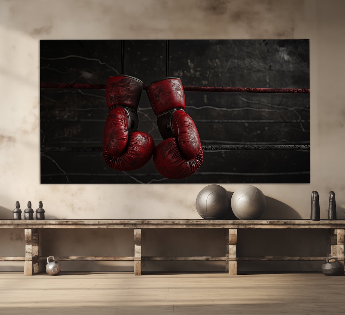 Vintage Red Boxing Gloves Hanging Ring Ropes Dark Moody Print Poster