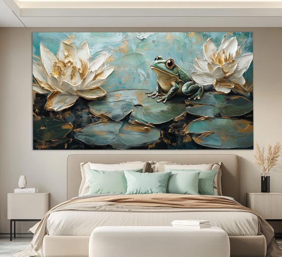 Abstract Frog in Water Lilies, Vintage Oil Style Art Print