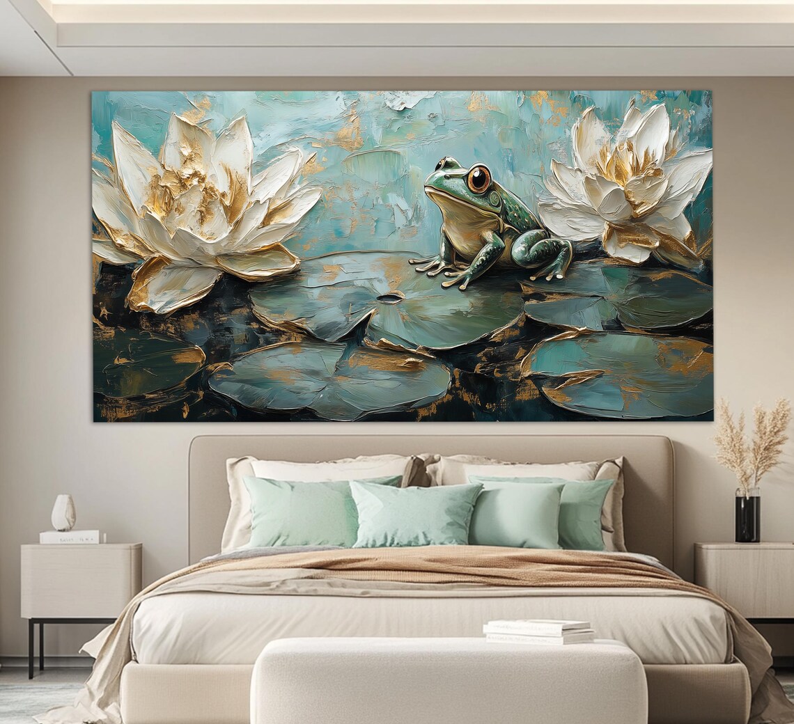 Abstract Frog in Water Lilies, Vintage Oil Style Art Print