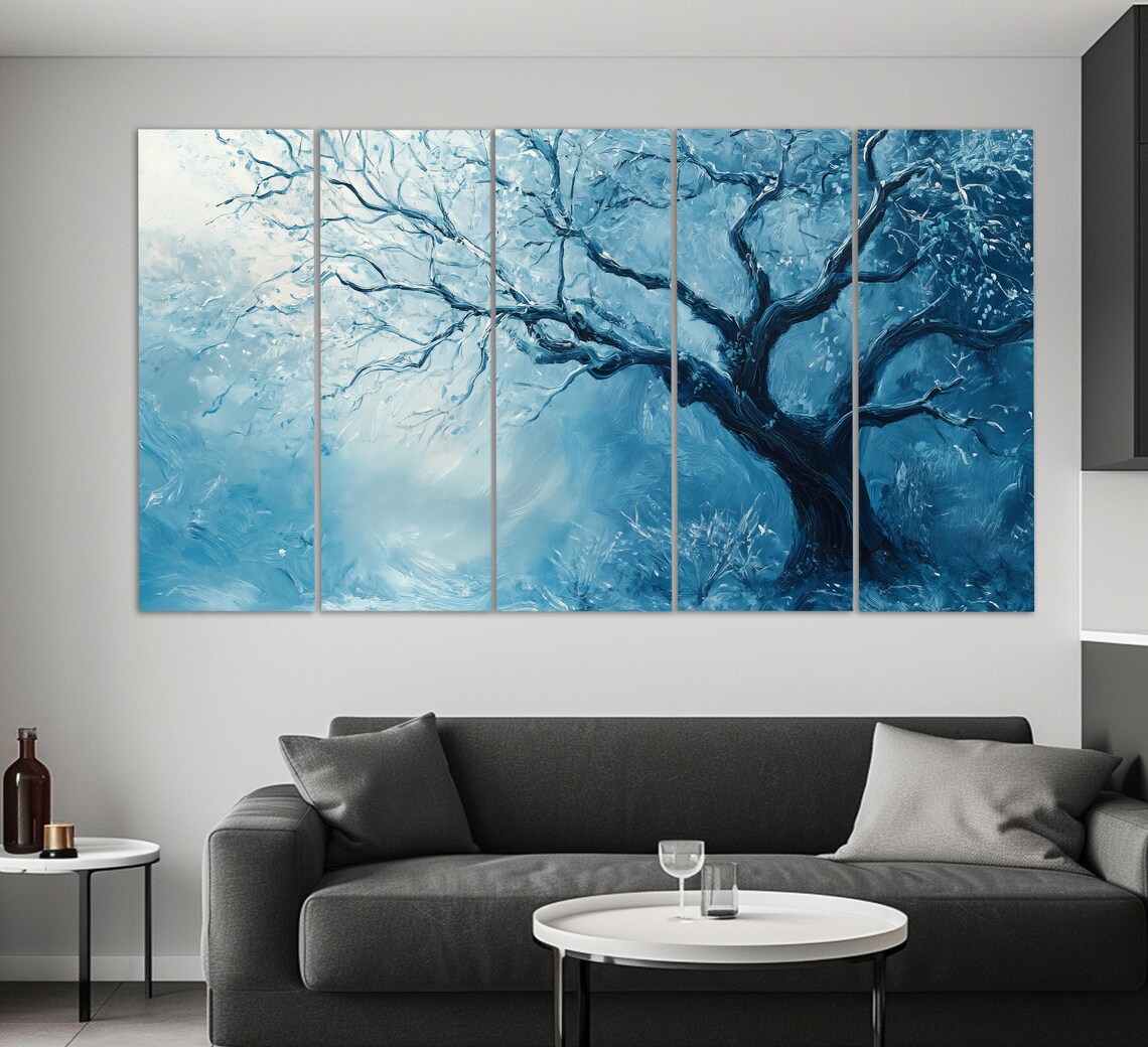 Winter Tree Bare Branches Icy Blue Oil Painting Snowy Nature Poster - Image 2