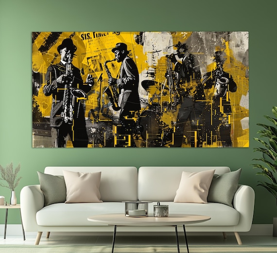 Jazz Band Saxophone Players Black Yellow Vintage Newspaper Collage Art Poster