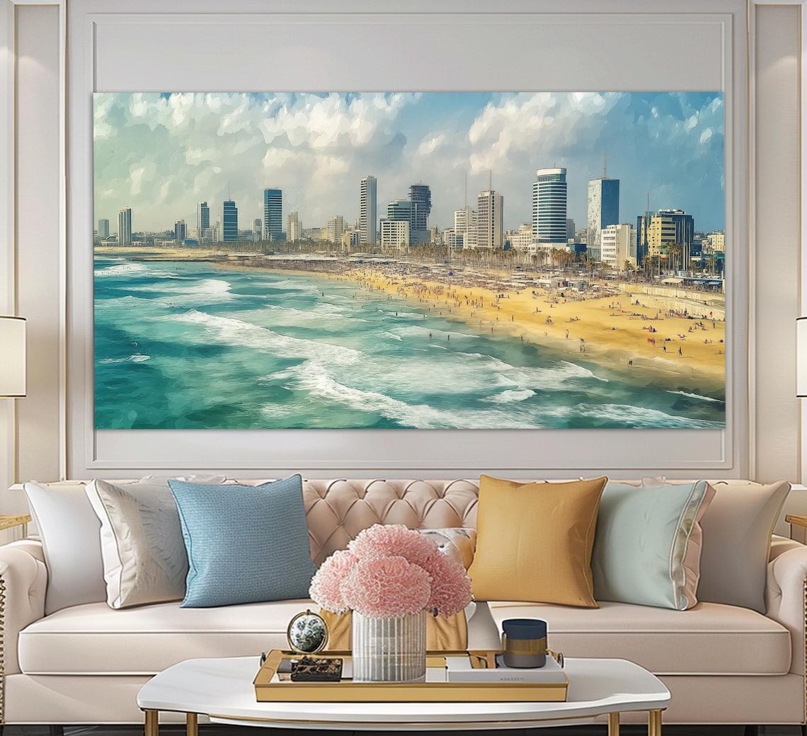 Tel Aviv Israel City Painting Vintage Oil Style Travel Wall Art Poster