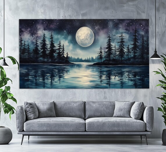 Full Moon Over Lake Print Scenic Night Forest Landscape Poster Moon Wall Art Night Lake Wall Art Majestic Nature Art