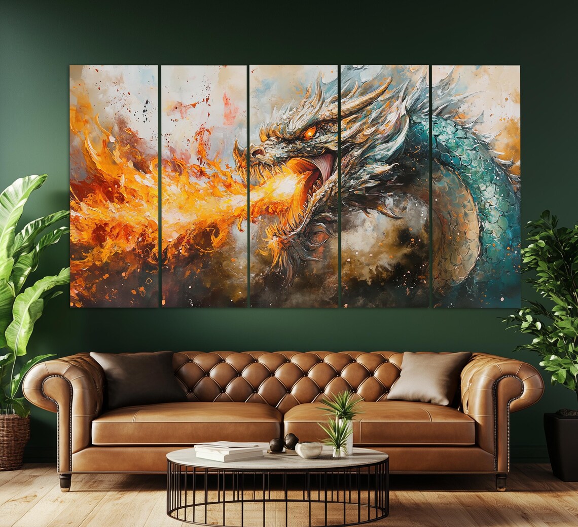 Fire Breathing Teal Dragon Head Fierce Orange Flames Fantasy Art Poster - Image 2