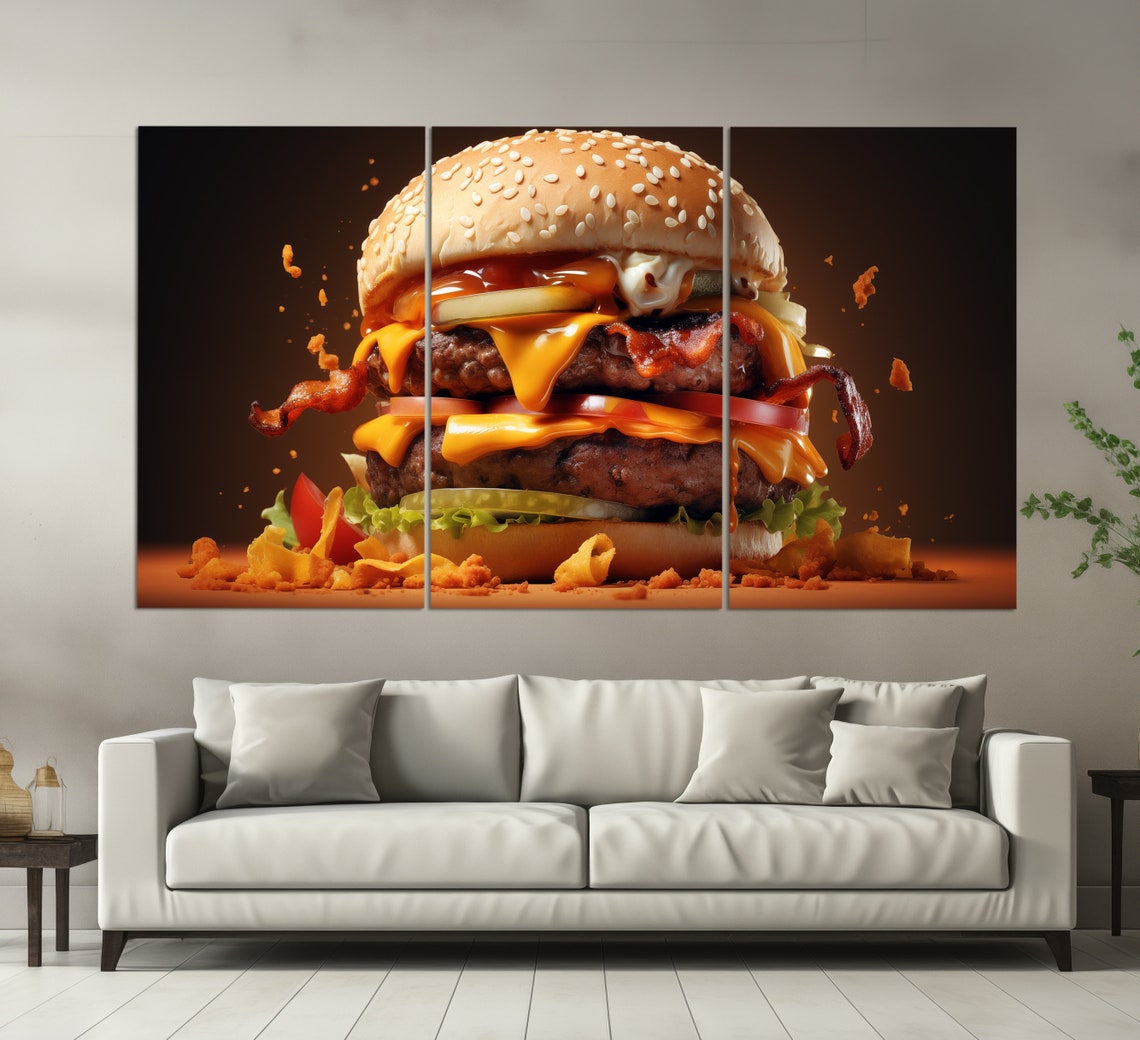 Double Bacon Cheeseburger Flying Ingredients Dark Background Wall Art - Image 6