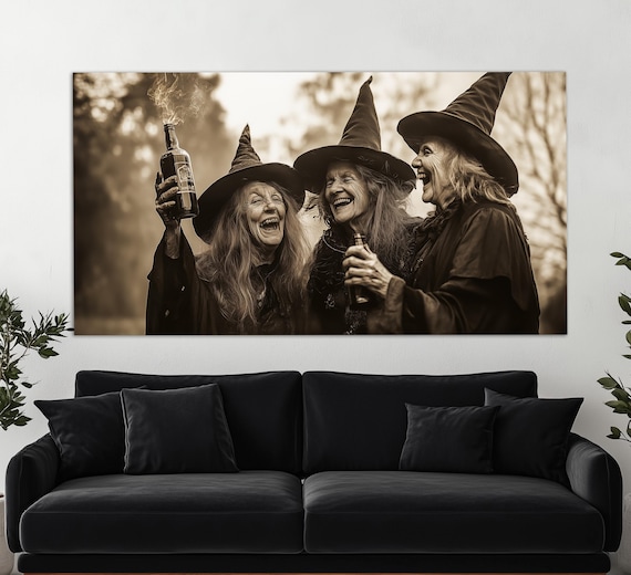 Three Old Witches Laughing Vintage Sepia Photo Style Gothic Wall Art