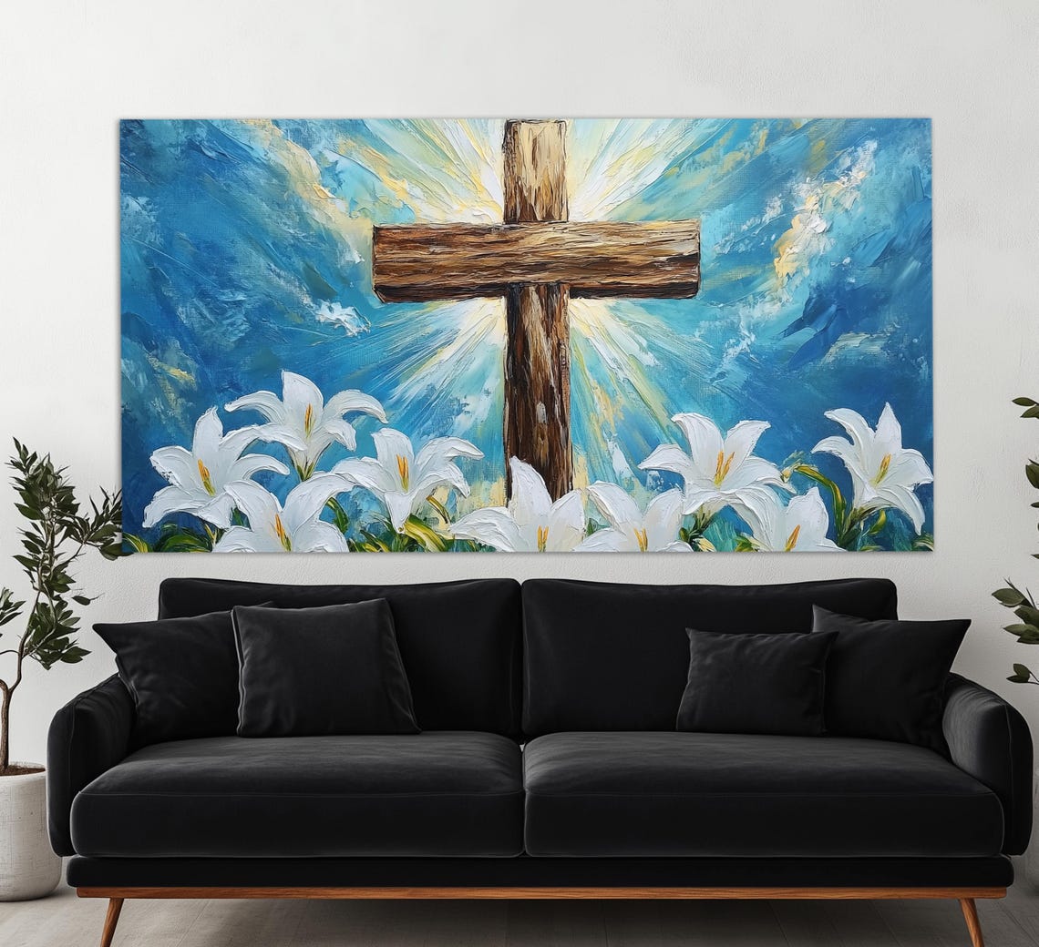 Wooden Cross With White Lilies And Heavenly Light Blue Sky Wall Art - Image 4