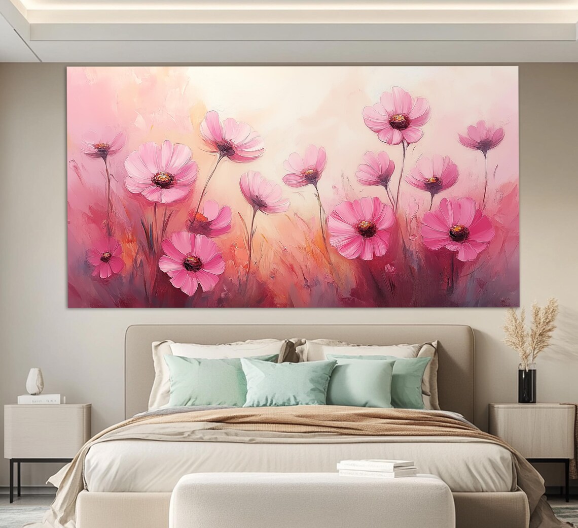 Soft Pink Daisies Blooming Meadow Oil Painting Floral Wall Art Poster