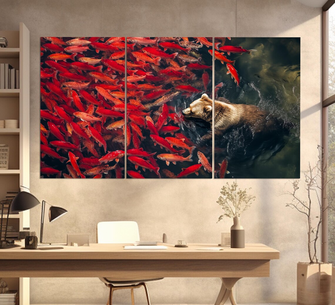 Brown Bear Swimming Among School of Red Fish Aerial Wildlife Poster - Image 6