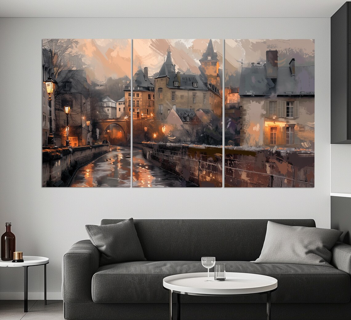 Luxembourg Old Town Canal Evening Lights Vintage Oil Painting Poster - Image 3