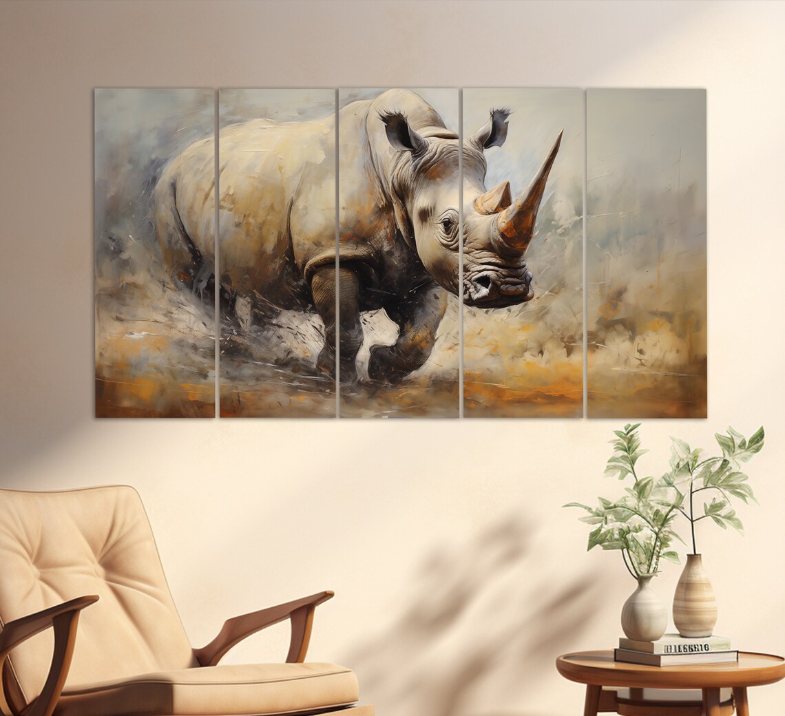 Charging Rhinoceros Neutral Beige Oil Painting Wildlife Wall Art - Image 5