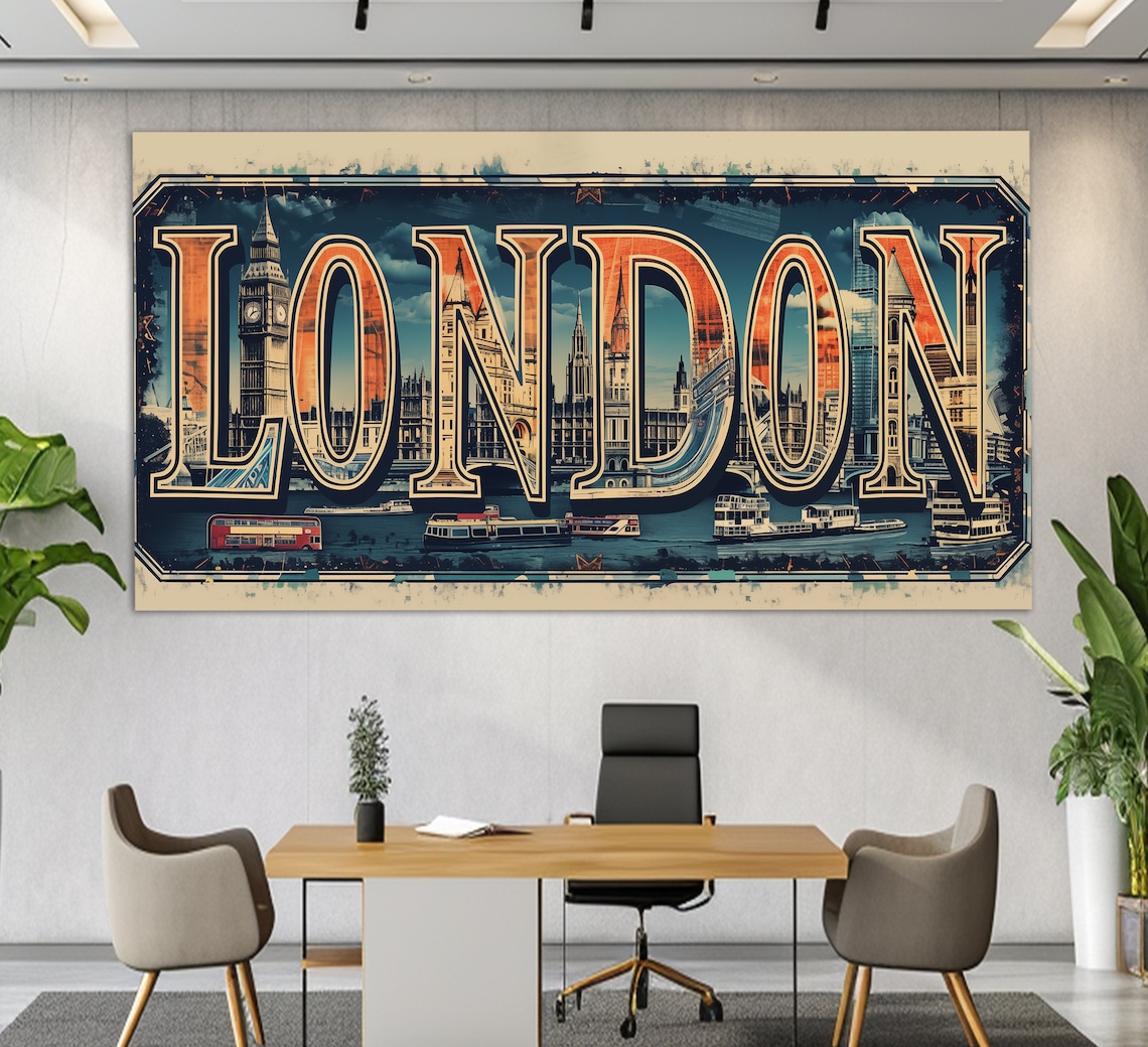 London City Landmarks Bold Typography Big Ben Red Bus Art Poster