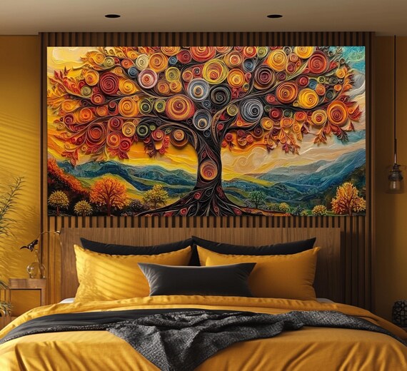 Mysterious Tree Of Life Print In Paper Quilling Style Abstract Tree Of Life Painting Colorful Boho Wall Art Tree Of Life Wall Art