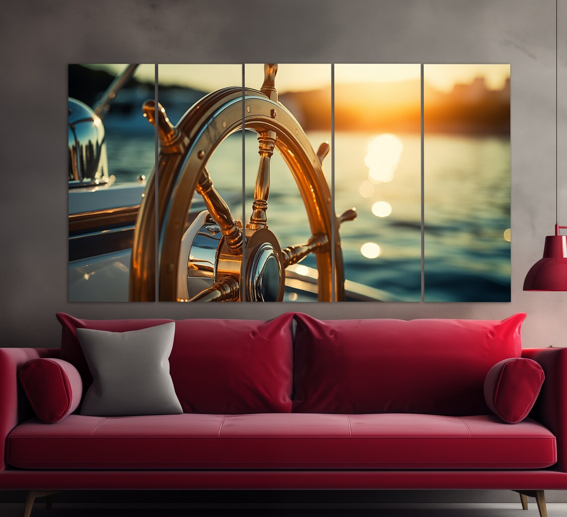 Yacht Ship Wheel Close Up Golden Sunset Sparkling Sea Poster - Image 2