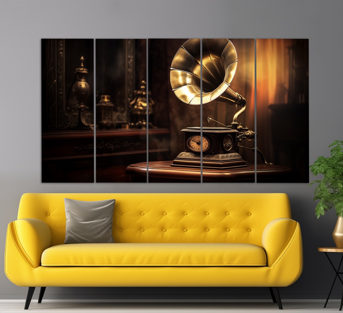 Vintage Brass Horn Gramophone Warm Dark Interior Music Room Wall Art Poster - Image 5