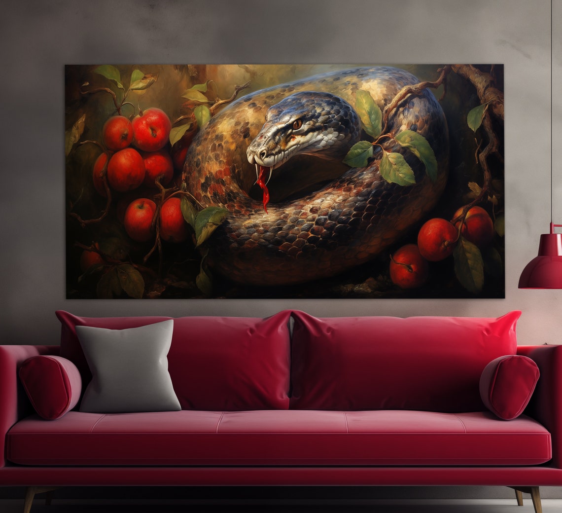 Coiled Python Snake Among Red Apples Vintage Oil Painting Art Poster - Image 3