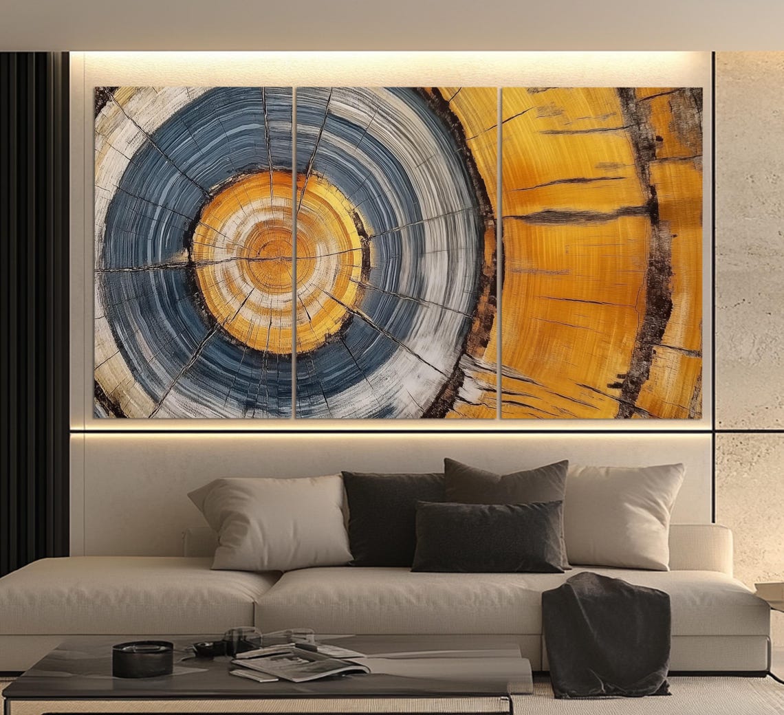 Golden Mustard And Slate Blue Tree Rings Cross Section Wall Art Poster - Image 3
