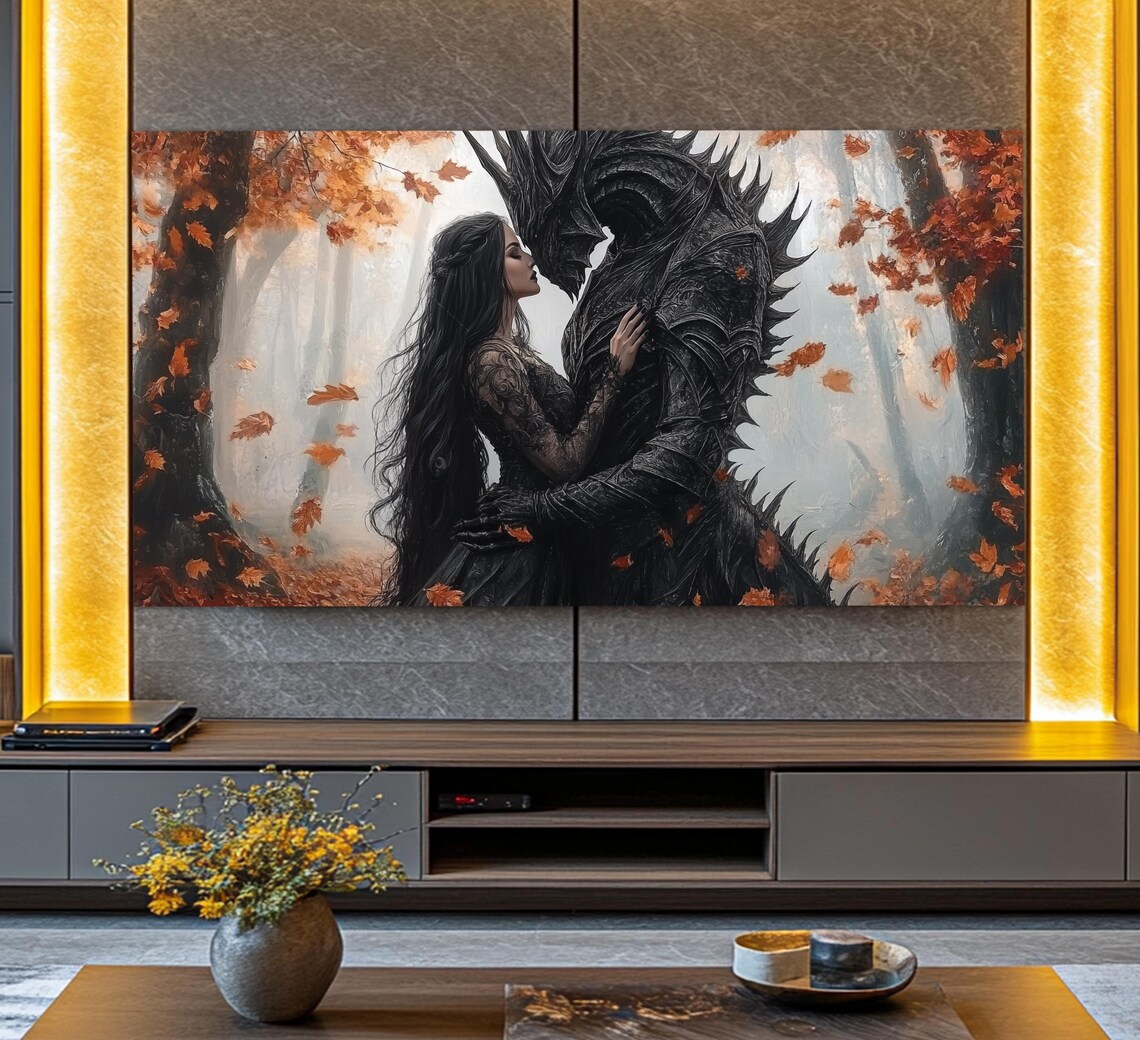 Woman Embracing Dark Beast In Autumn Forest Gothic Fantasy Romance Poster - Image 3