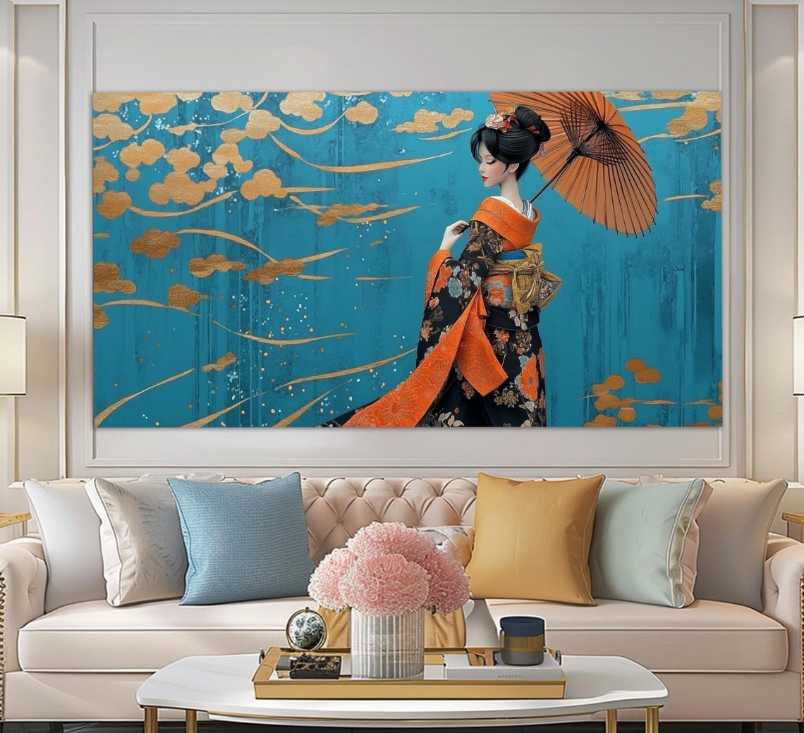 Abstract Japanese Woman Print In An Oil Painting Style Abstract Asian Woman Painting Asian Wall Art Ancient Japan Print