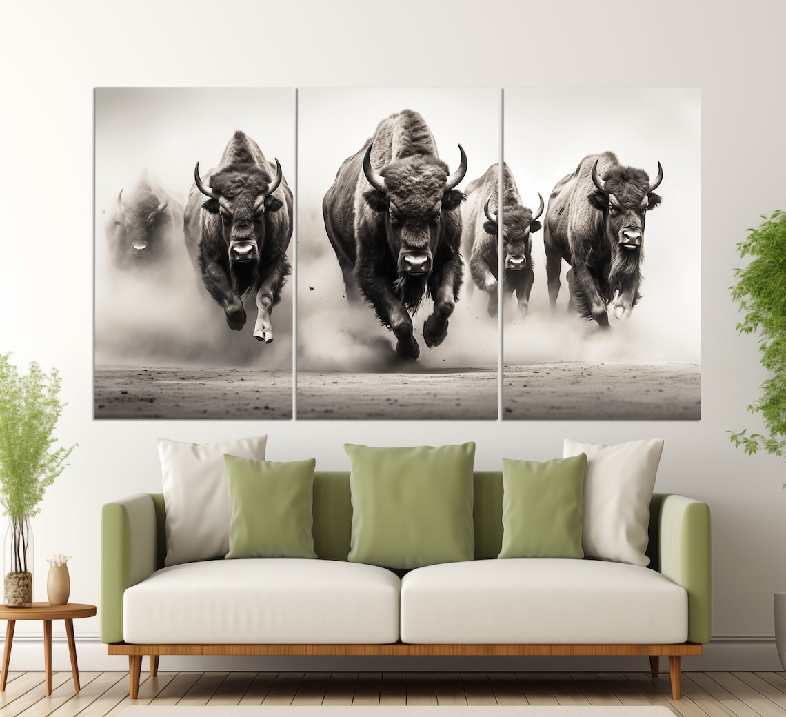 Running Bisons Black and White Animal Art Print - Image 5