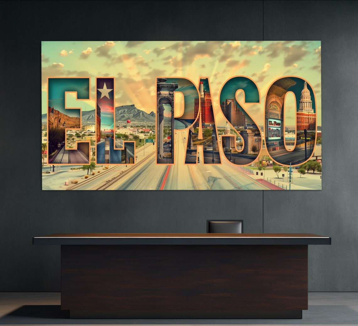 El Paso Texas Large Letter Sign Cityscape Retro Travel Collage Poster - Image 5