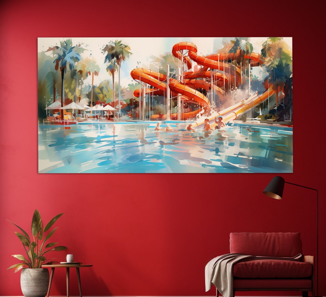 Water Park Print In An Vintage Oil Painting Style Kids In Aquapark Painting Aquapark Wall Art Children In Water Park Poster