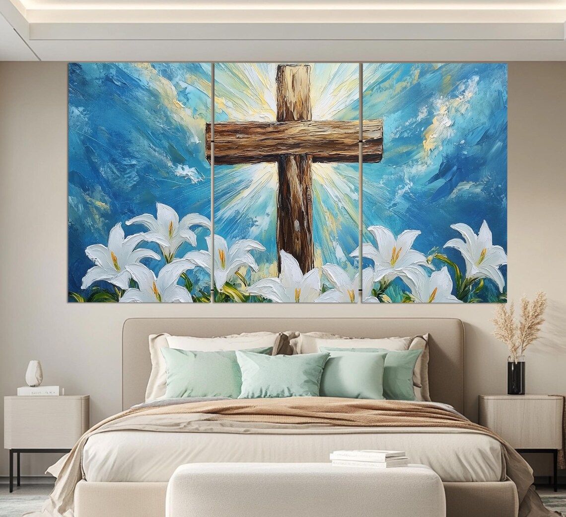 Wooden Cross With White Lilies And Heavenly Light Blue Sky Wall Art - Image 6