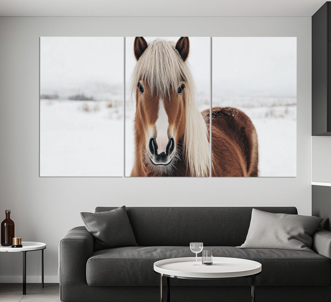Chestnut Horse White Mane Portrait Snow Winter Field Painting Poster - Image 3
