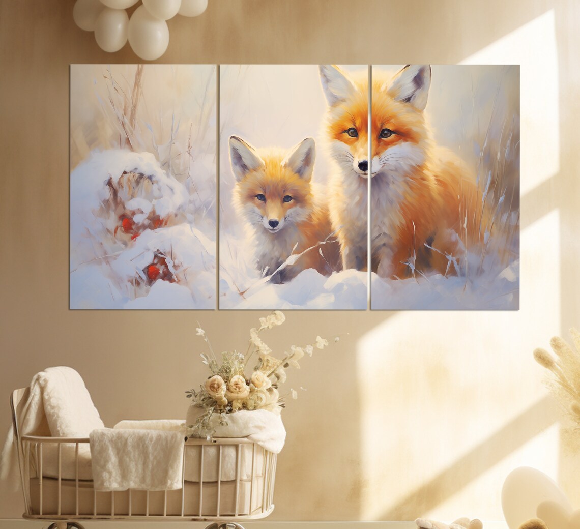 Red Fox With Cub Snowy Winter Forest Oil Painting Style Wildlife Wall Art - Image 3