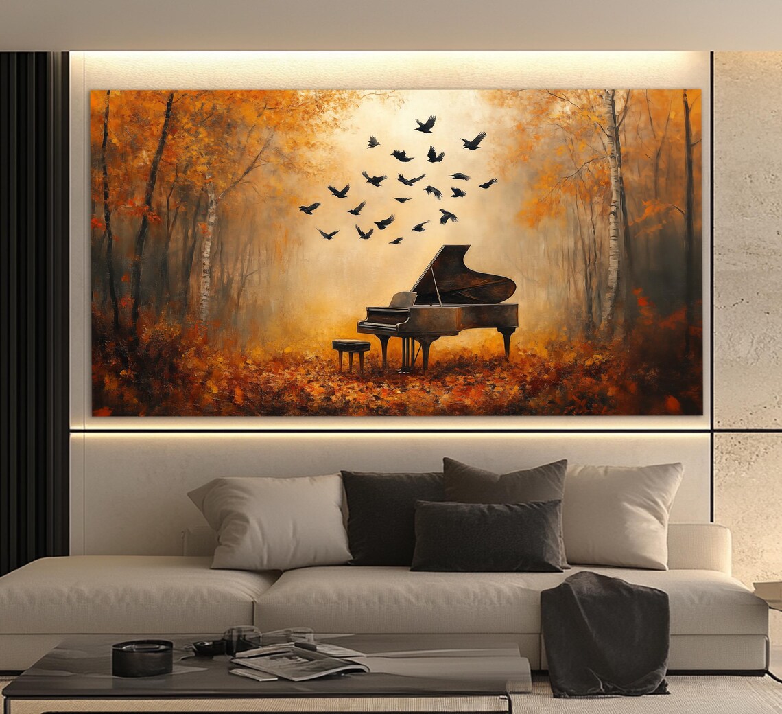 Grand Piano Autumn Forest Birds Golden Oil Painting Style Music Poster