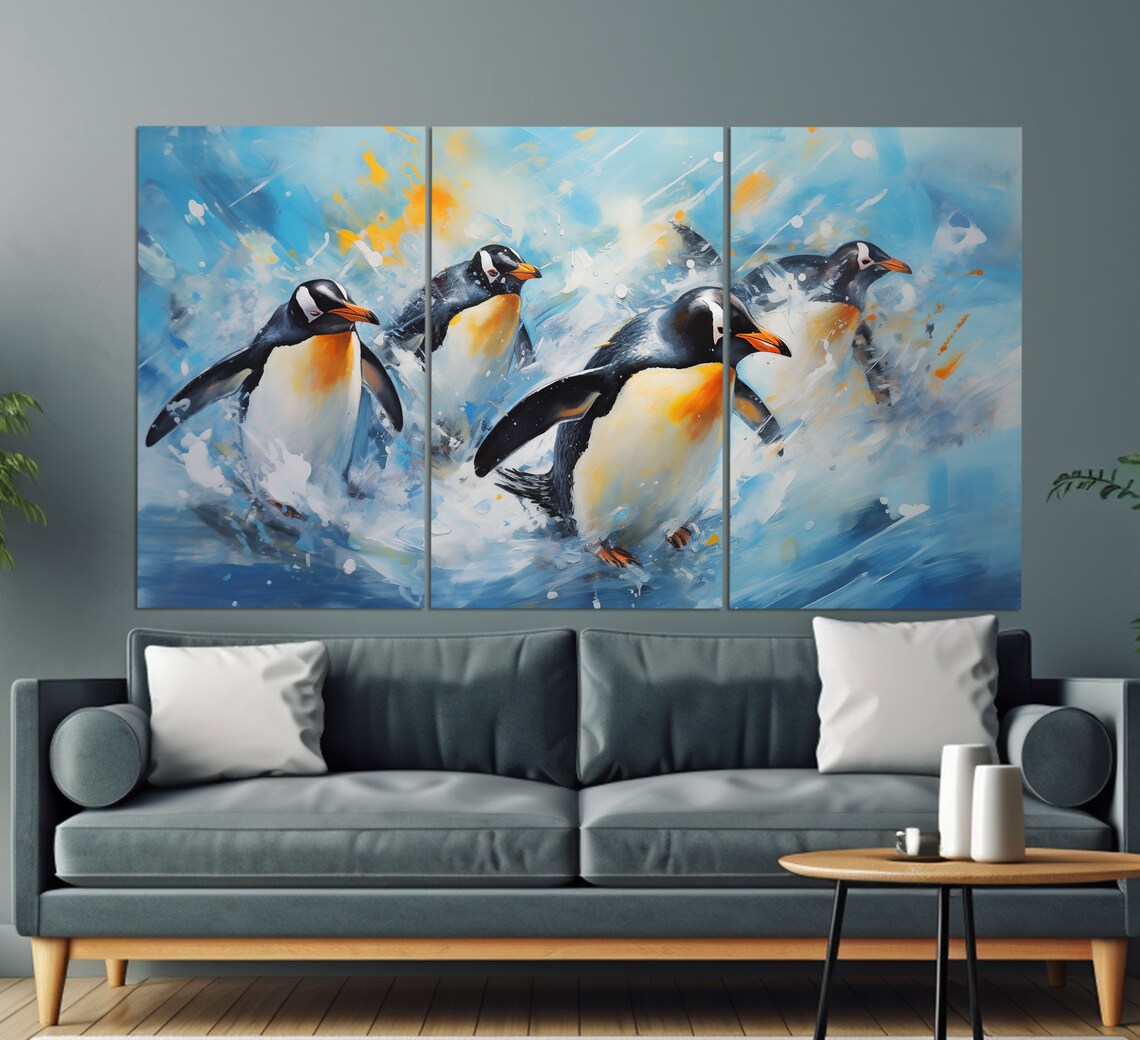 Penguins Swimming Blue Water Splash Oil Painting Style Poster - Image 3