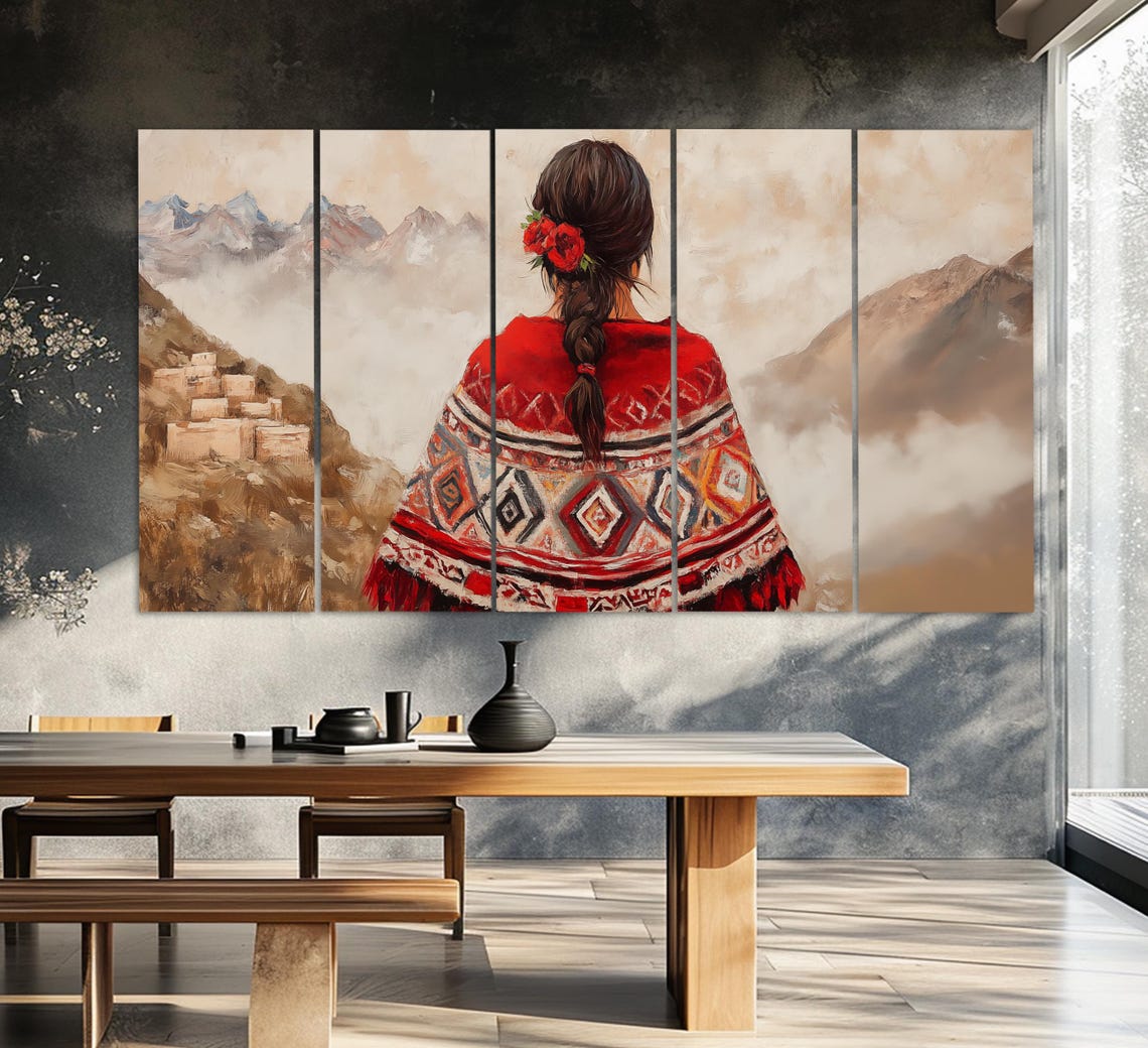Peruvian Woman In Red Poncho Braid With Roses Overlooking Andes Poster - Image 5
