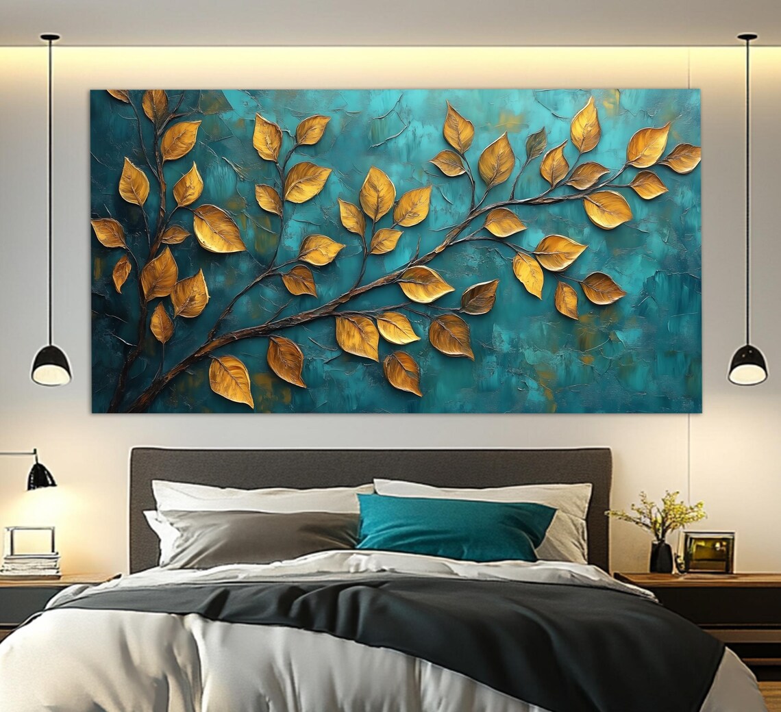 Golden Leaves Branch Turquoise Textured Luxury Botanical Art Poster
