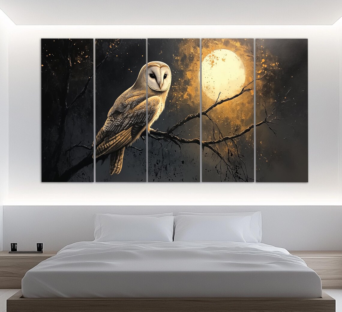 Barn Owl On Branch At Night With Golden Full Moon Vintage Style Poster - Image 2