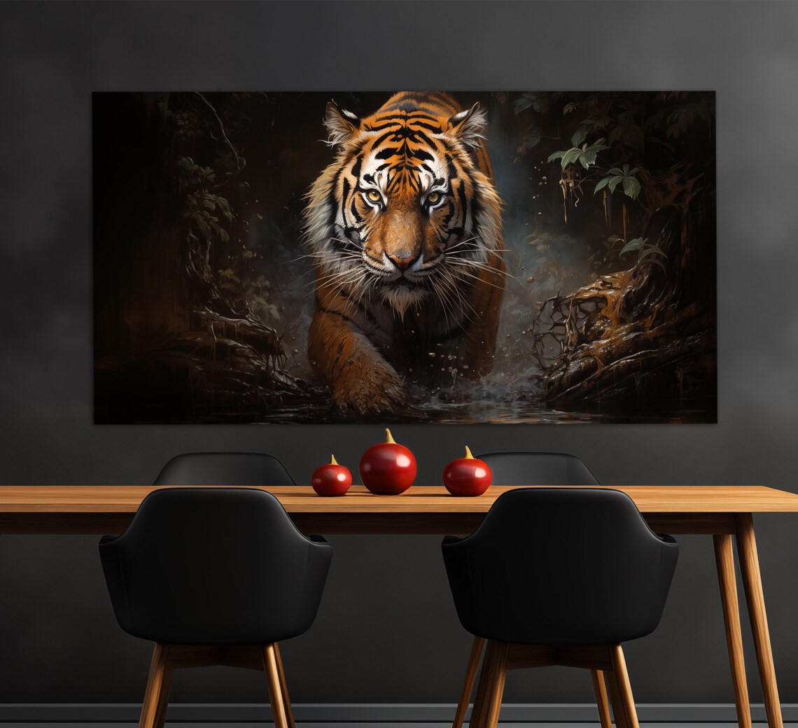 Majestic Tiger Dark Jungle Stream Intense Eyes Oil Painting Style Poster - Image 4