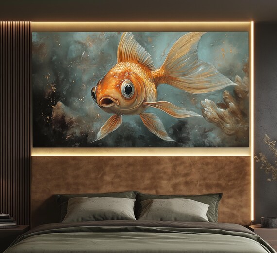 Cheerful Goldfish Print Goldfish Painting Underwater Wall Art Fisherman Gift Aquarium Fish Kids Room Decor Aquarium Wall Art