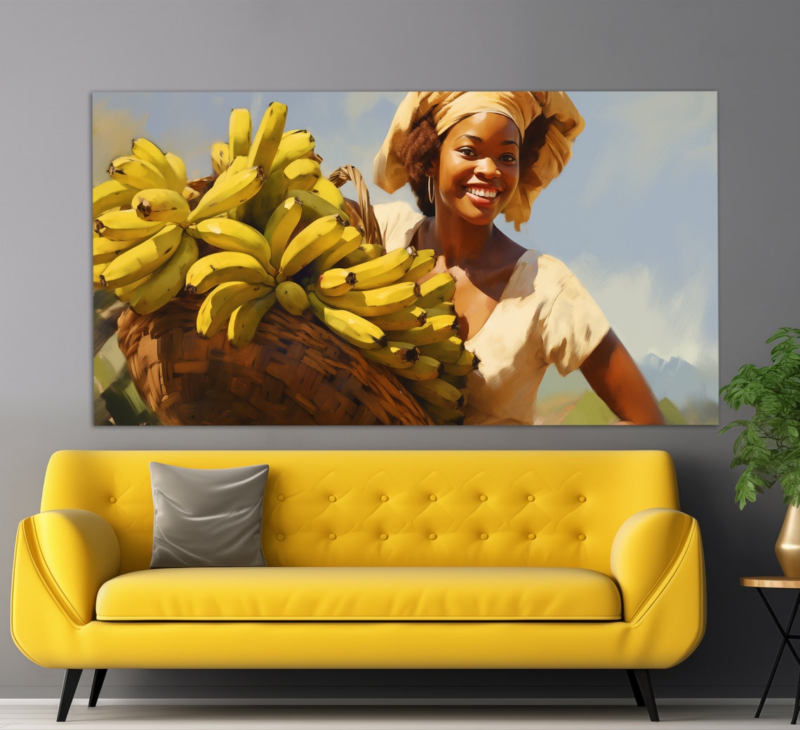 African Lady With A Basket Of Bananas Print In An Oil Painting Style Kitchen Wall Art Ethnic Woman Painting African Wall Decor - Image 4