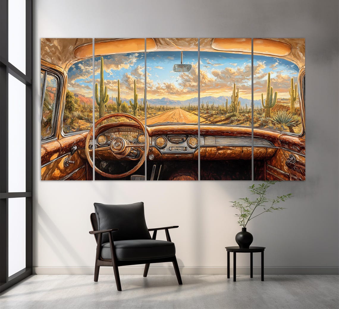 Vintage Car Desert Road Saguaro Cactus Sunset Driver View Poster - Image 3