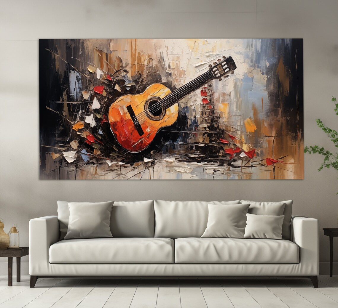 Acoustic Guitar Palette Knife Impasto Oil Style Abstract Retro Music Art Poster