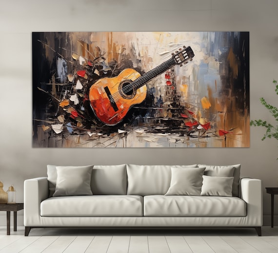 Acoustic Guitar Palette Knife Impasto Oil Style Abstract Retro Music Art Poster