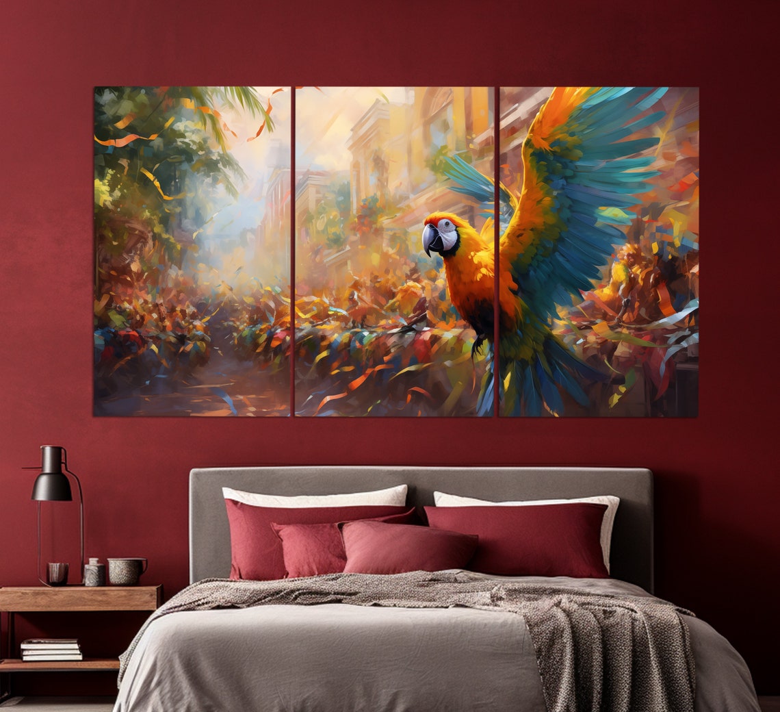 Parrots Print In An Oil Painting Style Brazilian Carnival Wall Art Parrots In Brazilian Carnival Painting Colorful Parrot Poster - Image 3