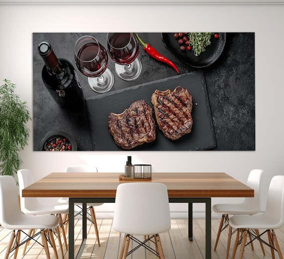 Grilled Ribeye Steaks Red Wine Dark Slate Food Photography Wall Art Poster