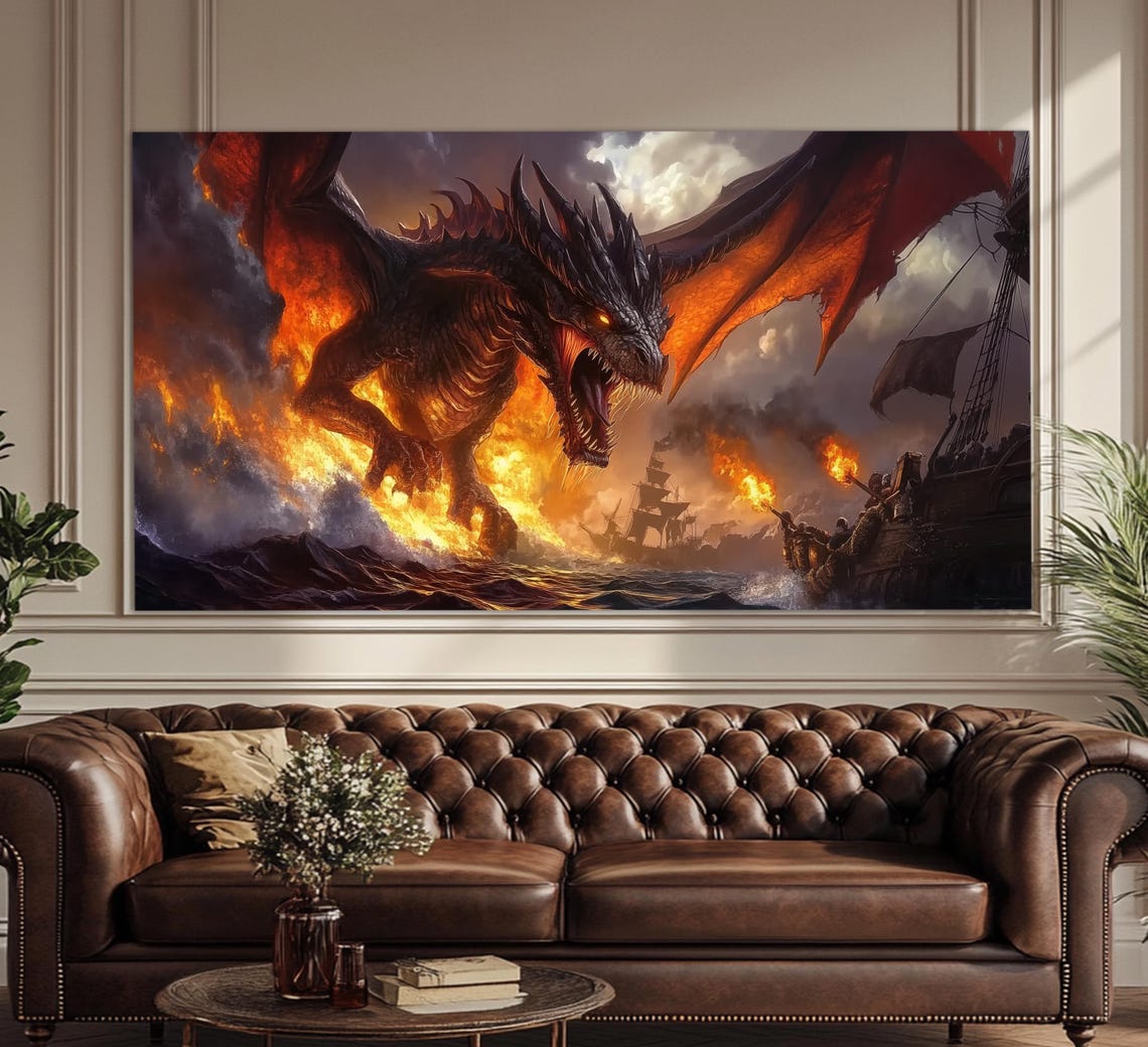 Fight With Dragon Print In A Vintage Oil Painting Style Sea Fantasy Wall Art Dragon Painting Medieval Wall Art Sea Battle Poster