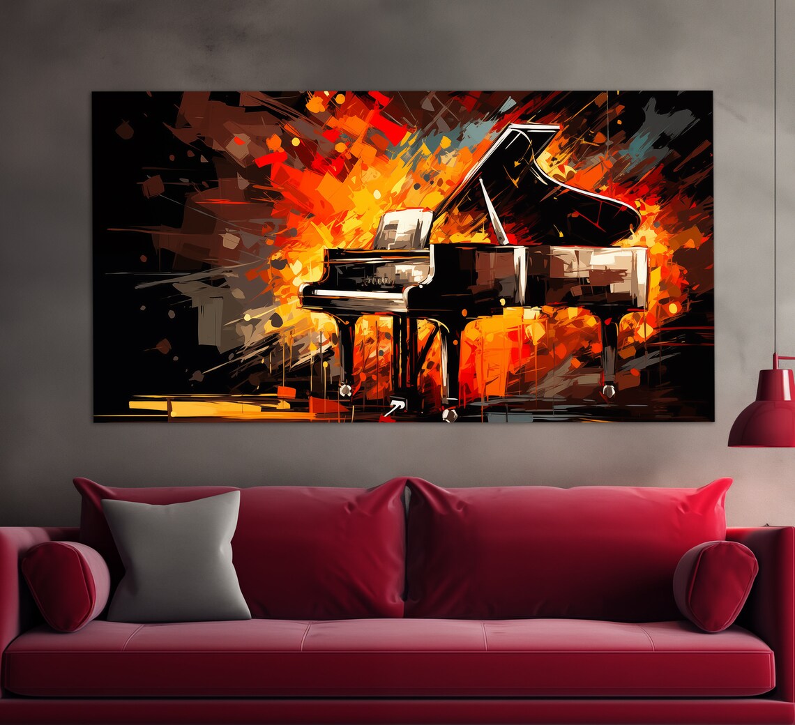 Grand Piano Fiery Red Orange Abstract Brushstroke Music Lovers Wall Art