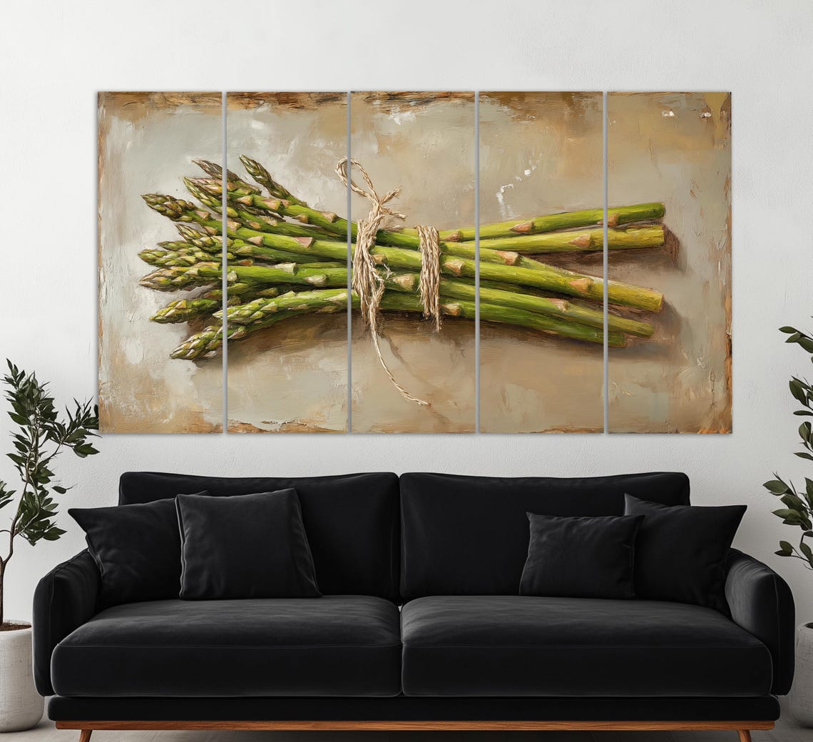 Asparagus Bunch Tied With Twine On Beige Vintage Kitchen Wall Art - Image 5