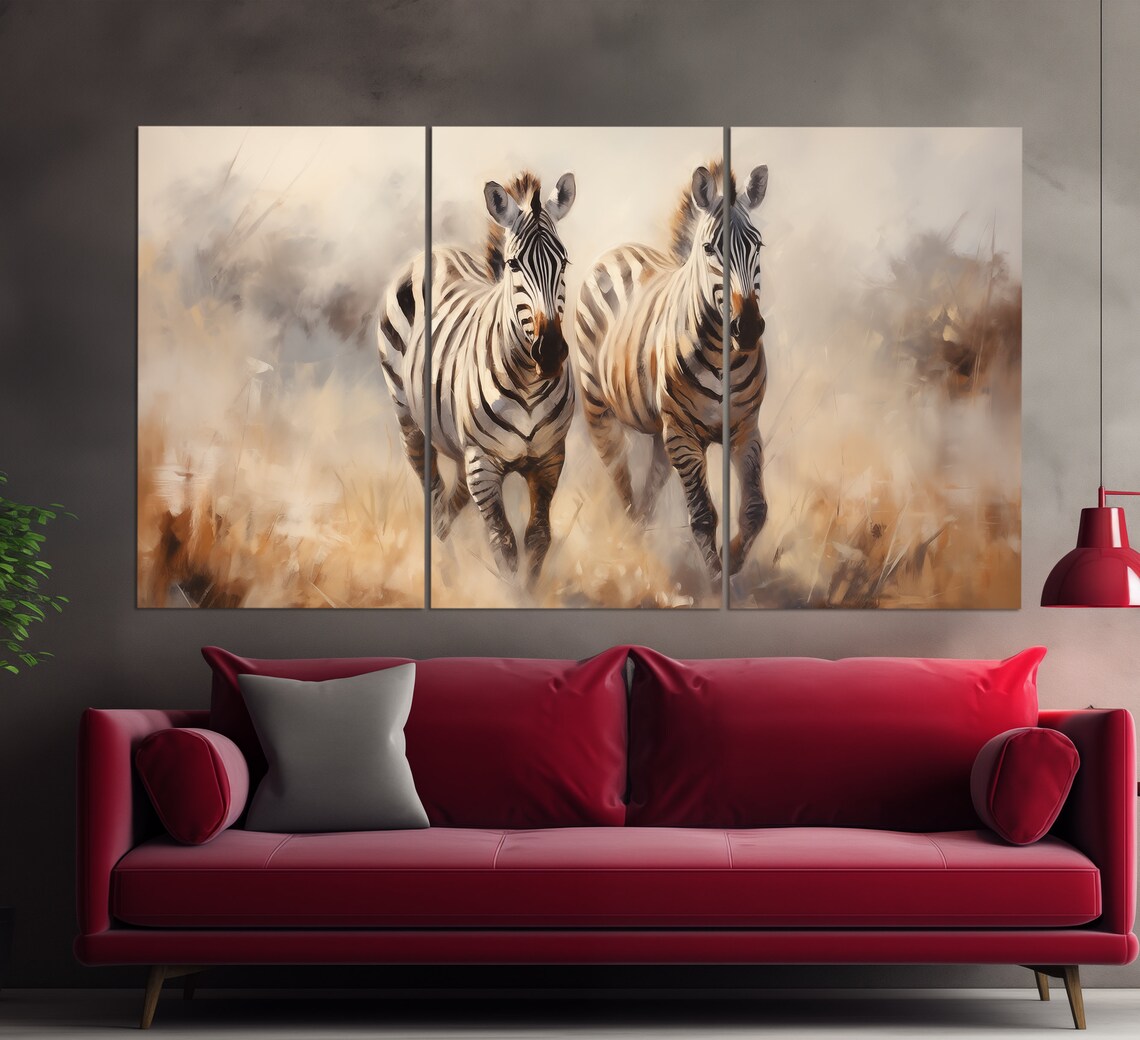Zebra Couple in Golden Savanna Vintage Oil Painting Art Poster - Image 2