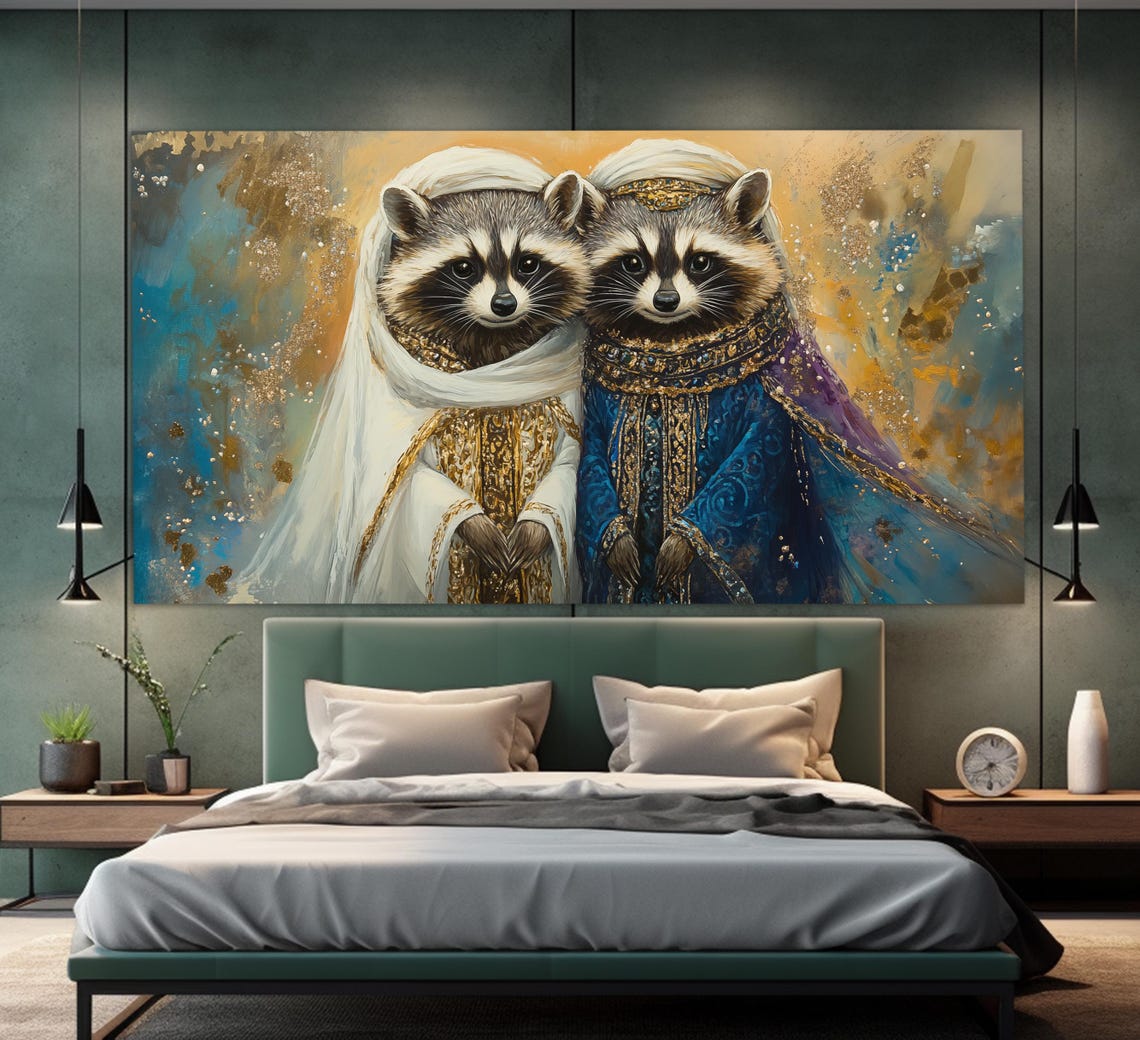 Cute Raccoons In Oriental Clothes Painting Print Raccoons Family Poster Romantic Wall Art Arab Bedroom Decor Raccoons Wall Art