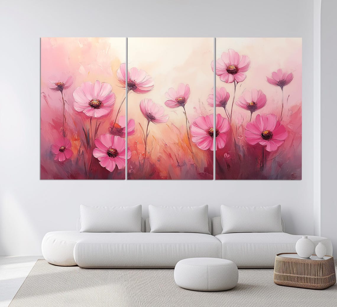 Soft Pink Daisies Blooming Meadow Oil Painting Floral Wall Art Poster - Image 3