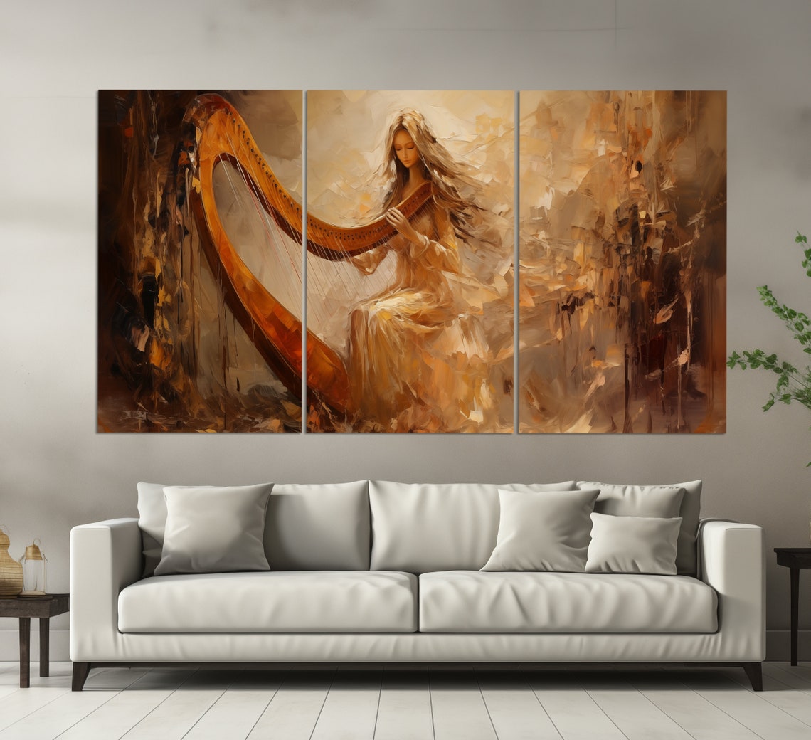 Abstract Harpist Girl Print In Retro Oil Painting Style Harp Painting Harp Teacher Gift Harpist Gift Music School Decor - Image 3