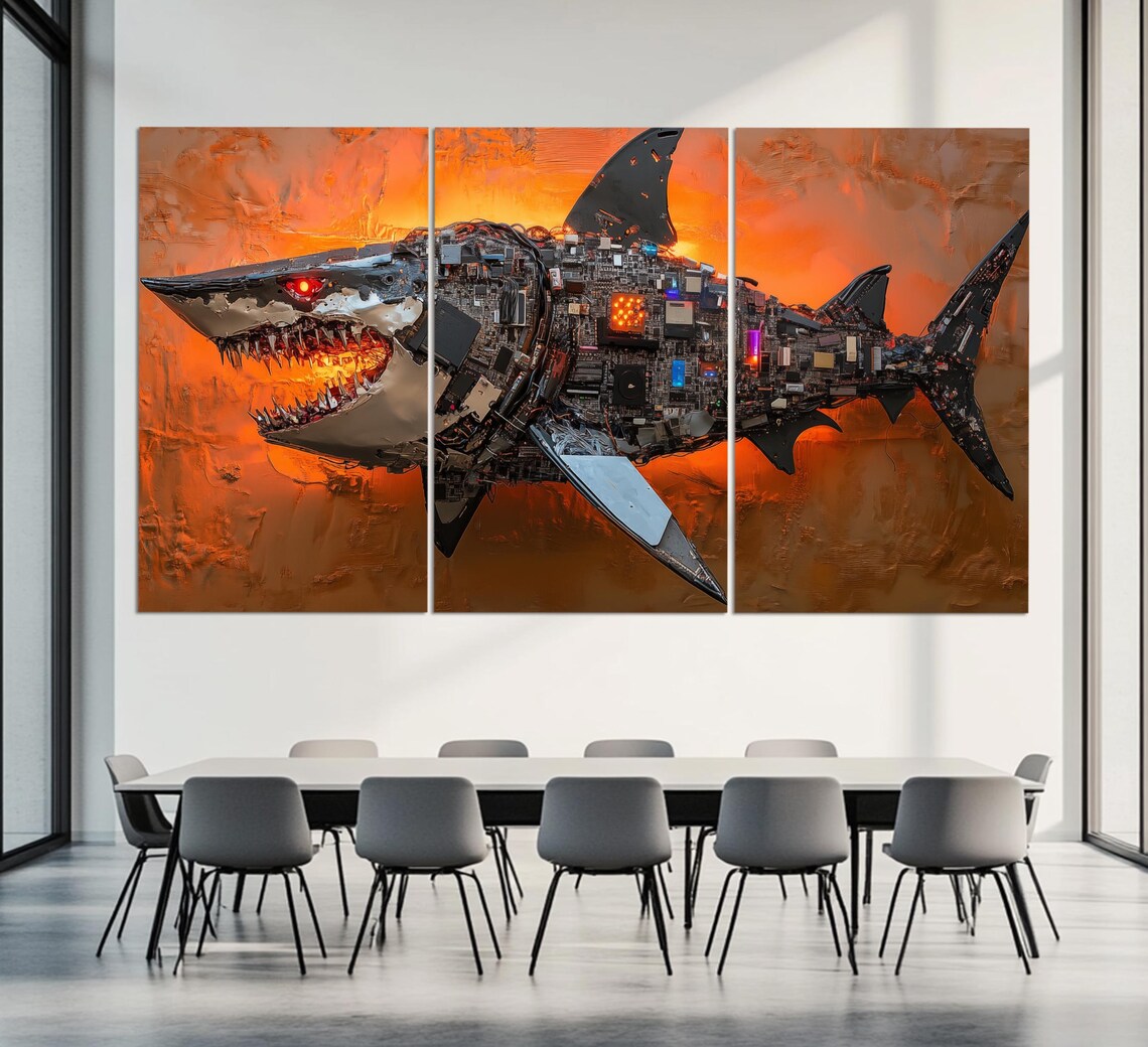 Robotic Shark Microchip Circuit Board Sculpture Fiery Orange Wall Art Poster - Image 3